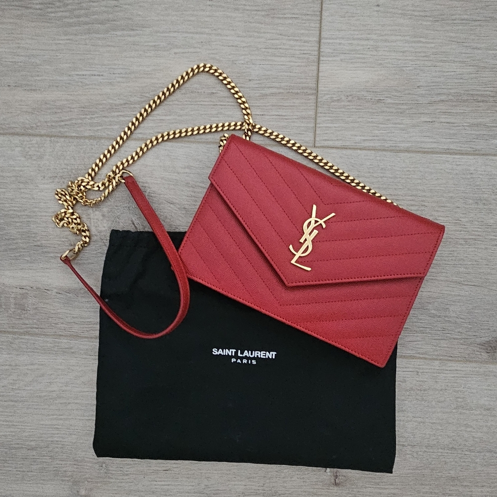 Saint Laurent Red Envelope Chevron Clutch with Gold Chain